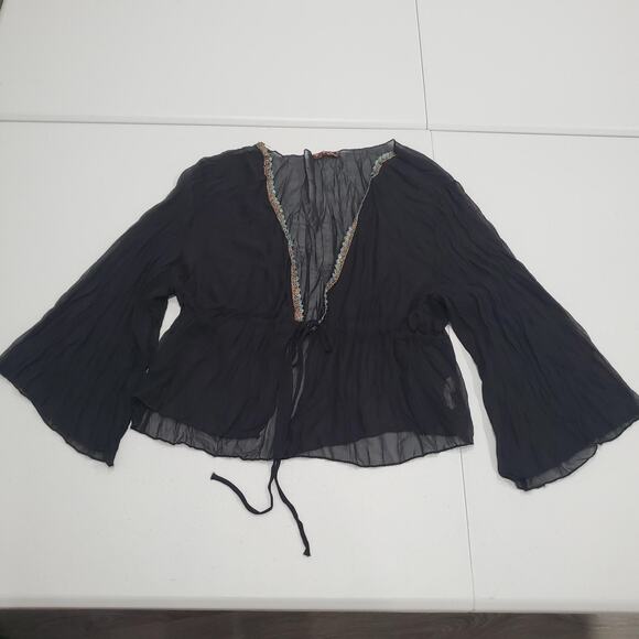 Y2K 90s Whimsigoth Fairy Grunge Blouse Womens 3XL Black Sheer Tie Front Beaded - Picture 1 of 9